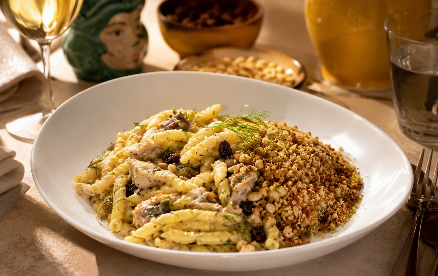 Busiate con sarde, finocchietto, pinoli e uva passa